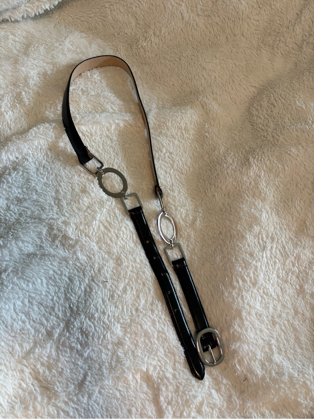 Women's Black Leather Belt with Silver Link Hardware